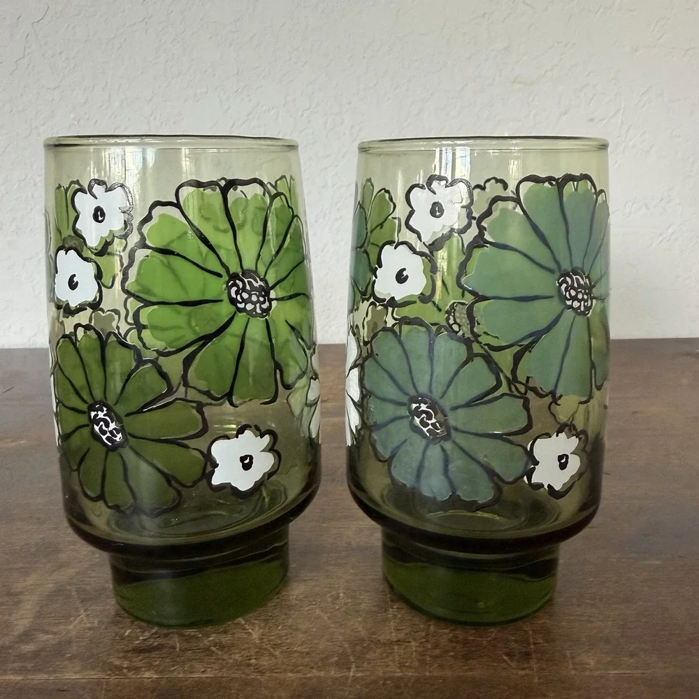 Set 2 MCM Libbey Camellia Green Daisy Glass Tumblers Vintage 1970's Replacement